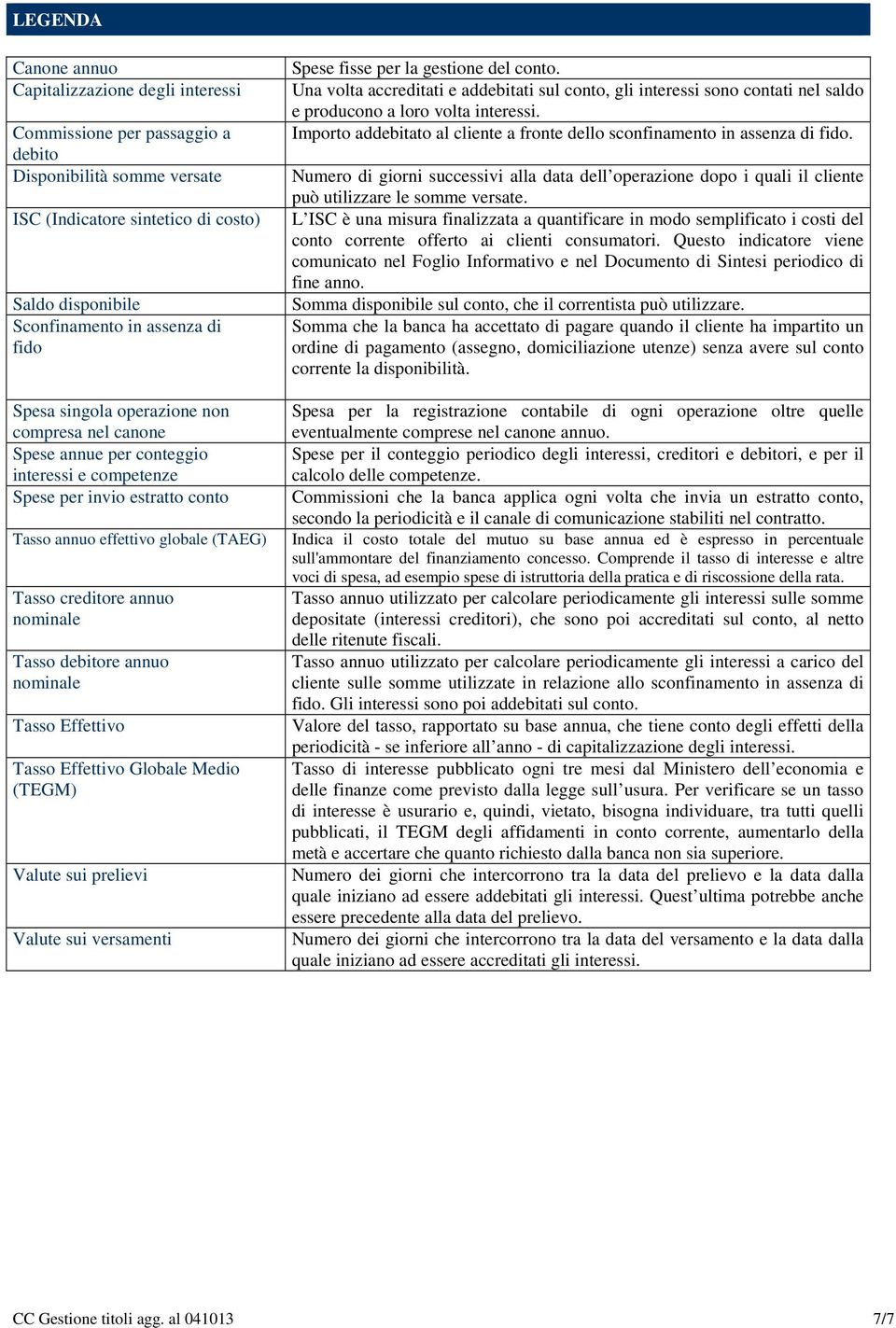 nominale Tasso debitore annuo nominale Tasso Effettivo Tasso Effettivo Globale Medio (TEGM) Valute sui prelievi Valute sui versamenti Spese fisse per la gestione del conto.