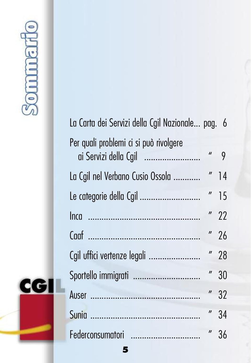 .. 9 La Cgil nel Verbano Cusio Ossola... 14 Le categorie della Cgil... 15 Inca.