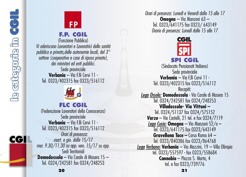 Sedi Territoriali Domodossola Via Carale di Masera 15 Tel. 0324/242581 fax 0324/248253 20 Orari di presenza: Lunedì e Venerdì dalle 15 alle 17 Omegna Via Manzoni 63 Tel.