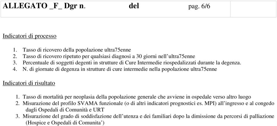 di giornate di degenza in strutture di cure intermedie nella popolazione ultra75enne Indicatori di risultato 1.