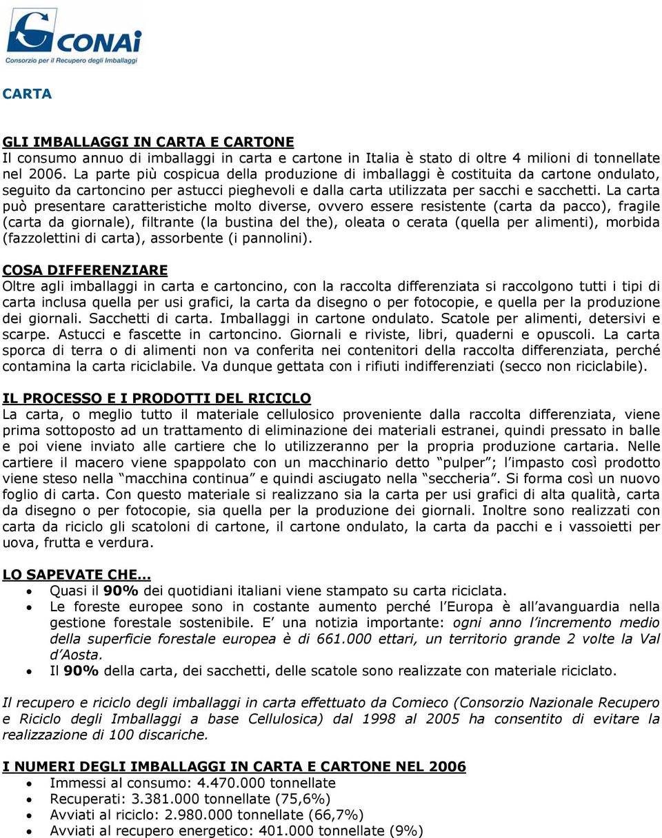 La carta può presentare caratteristiche molto diverse, ovvero essere resistente (carta da pacco), fragile (carta da giornale), filtrante (la bustina del the), oleata o cerata (quella per alimenti),