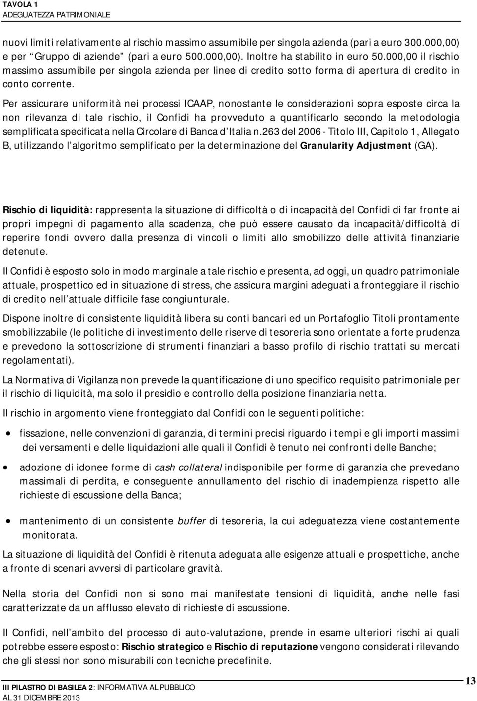 Per assicurare uniformità nei processi ICAAP, nonostante le considerazioni sopra esposte circa la non rilevanza di tale rischio, il Confidi ha provveduto a quantificarlo secondo la metodologia