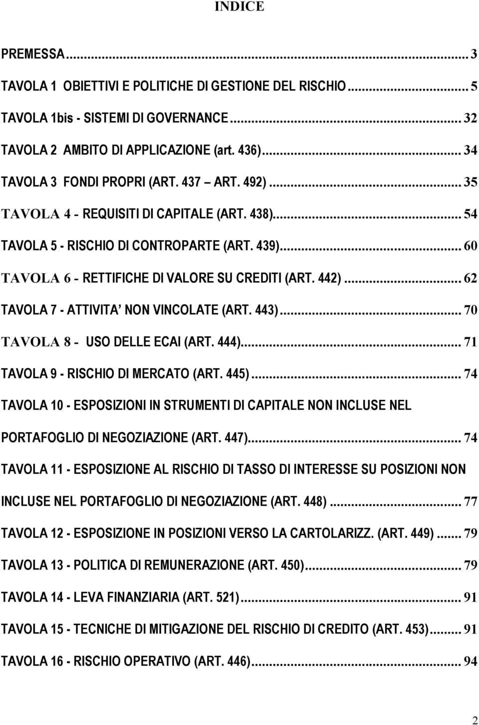 .. 62 TAVOLA 7 - ATTIVITA NON VINCOLATE (ART. 443)... 70 TAVOLA 8 - USO DELLE ECAI (ART. 444)... 71 TAVOLA 9 - RISCHIO DI MERCATO (ART. 445).