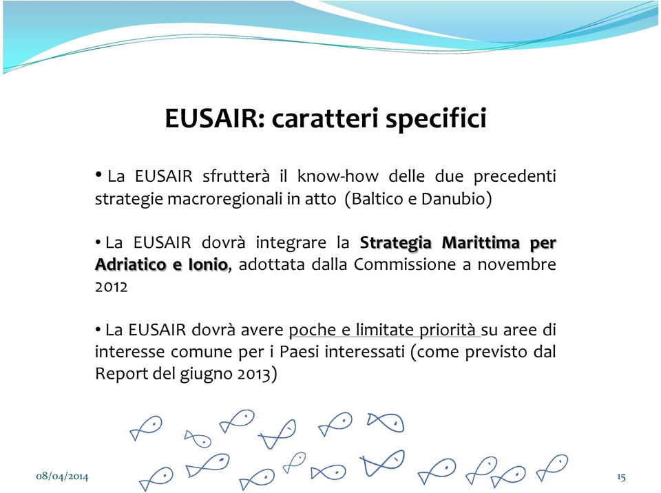 Adriatico e Ionio, adottata dalla Commissione a novembre 2012 La EUSAIR dovrà avere poche e limitate