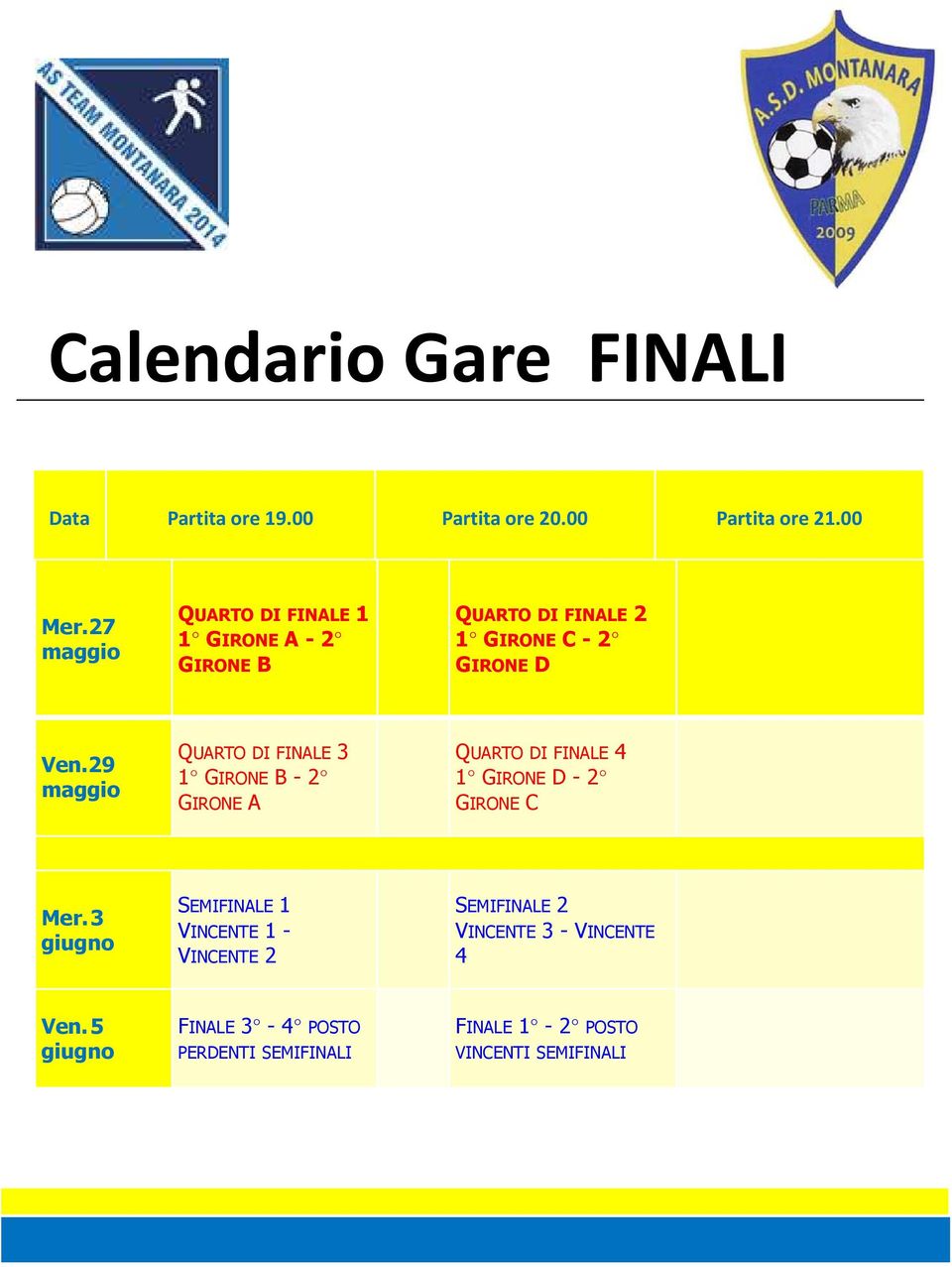 29 QUARTO DI FINALE3 1 GIRONEB -2 GIRONE A QUARTO DI FINALE4 1 GIRONED -2 GIRONE C Mer.