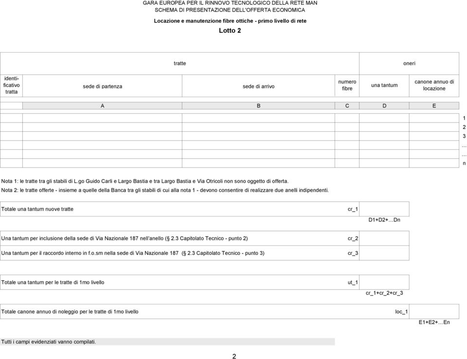 Nota 2: le tratte offerte - insieme a quelle della Banca tra gli stabili di cui alla nota 1 - devono consentire di realizzare due anelli indipendenti.