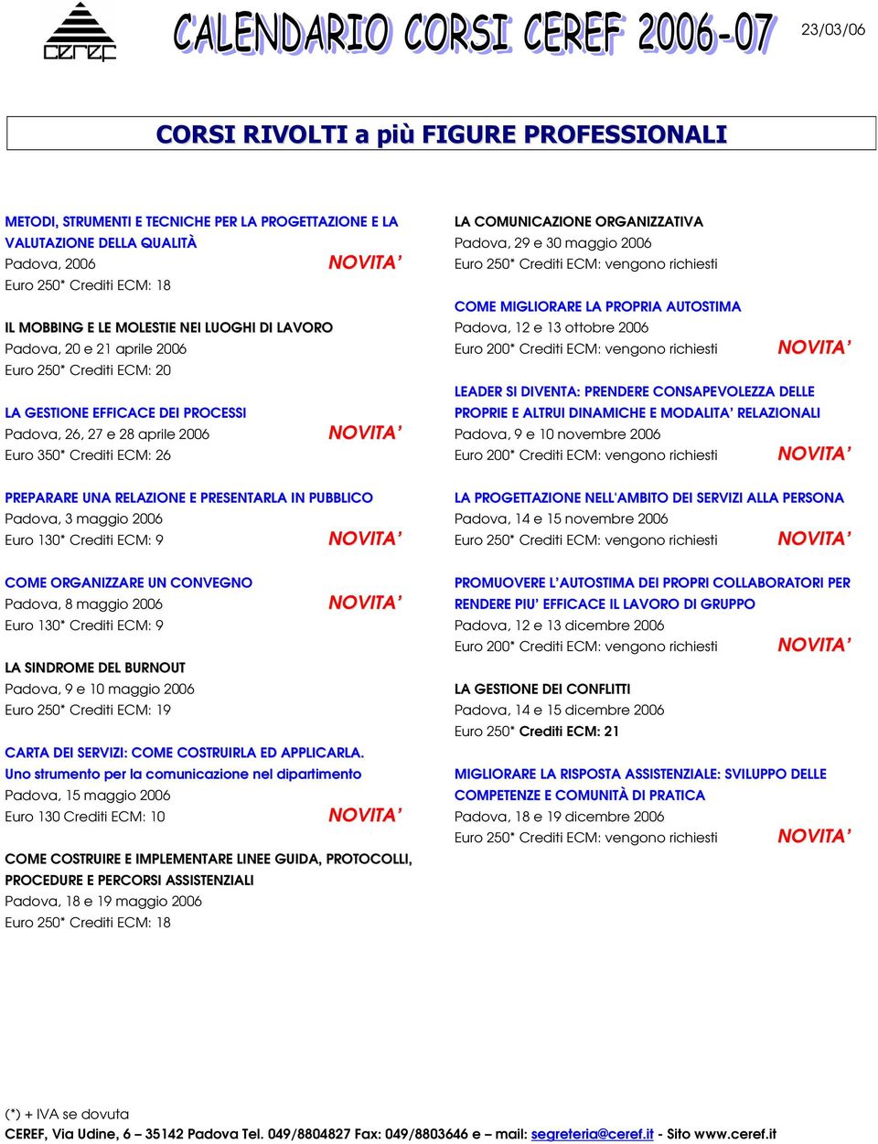 DIVENTA: PRENDERE CONSAPEVOLEZZA DELLE PROPRIE E ALTRUI DINAMICHE E MODALITA RELAZIONALI Padova, 9 e 10 novembre 2006 PREPARARE UNA RELAZIONE E PRESENTARLA IN PUBBLICO Padova, 3 maggio 2006 LA