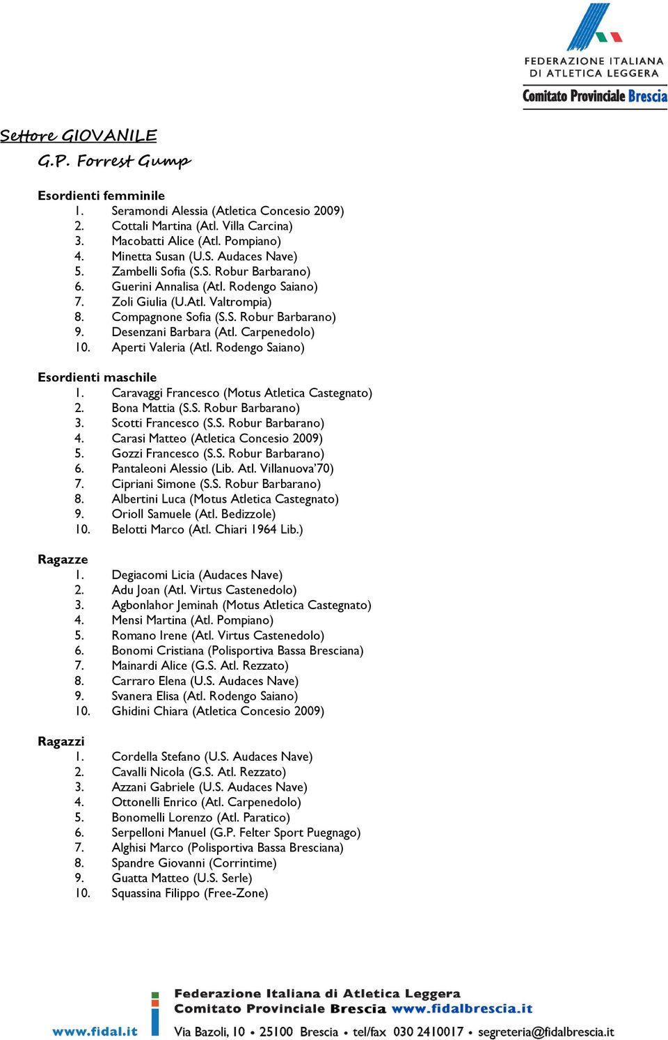 Carpenedolo) 10. Aperti Valeria (Atl. Rodengo Saiano) Esordienti maschile 1. Caravaggi Francesco (Motus Atletica Castegnato) 2. Bona Mattia (S.S. Robur Barbarano) 3. Scotti Francesco (S.S. Robur Barbarano) 4.