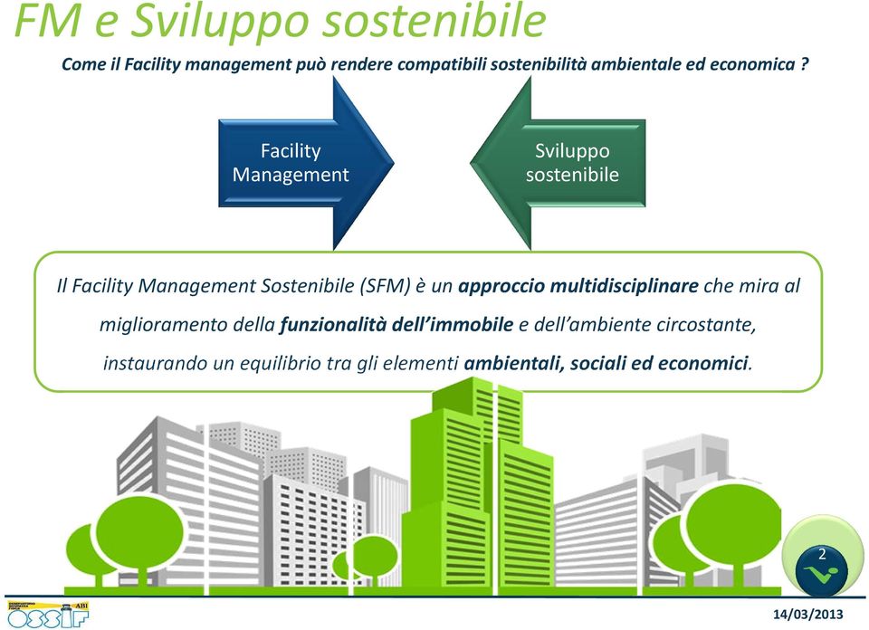 Facility Management Sviluppo sostenibile Il Facility Management Sostenibile (SFM) è un approccio