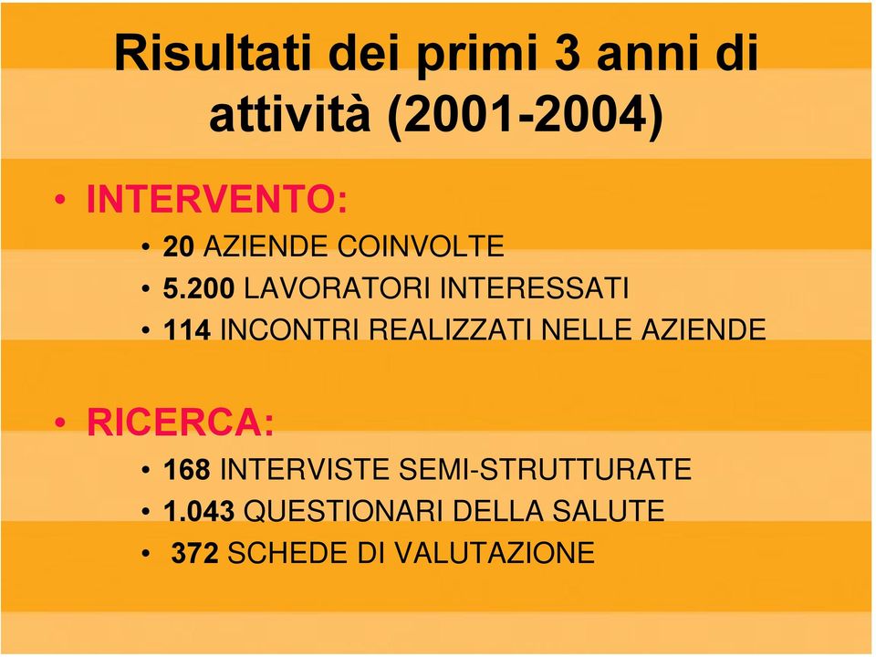 200 LAVORATORI INTERESSATI 114 INCONTRI REALIZZATI NELLE