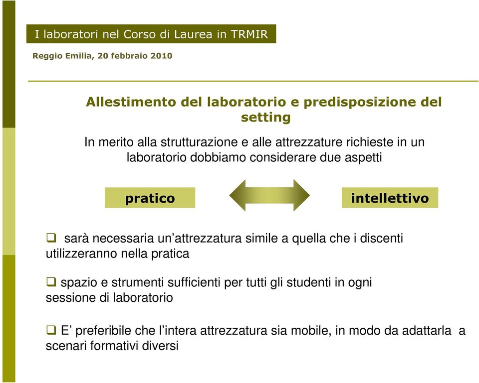 simile a quella che i discenti utilizzeranno nella pratica spazio e strumenti sufficienti per tutti gli studenti in