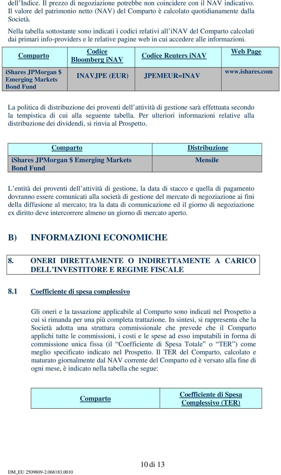 ishares JPMorgan $ Emerging Markets Codice Bloomberg inav INAVJPE (EUR) Codice Reuters inav JPEMEUR=INAV Web Page www.ishares.com La politica di distribuzione dei proventi dell attività di gestione sarà effettuata secondo la tempistica di cui alla seguente tabella.