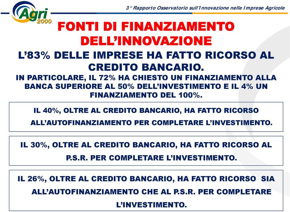 IL 40%, OLTRE AL CREDITO BANCARIO, HA FATTO RICORSO ALL AUTOFINANZIAMENTO PER COMPLETARE L INVESTIMENTO.