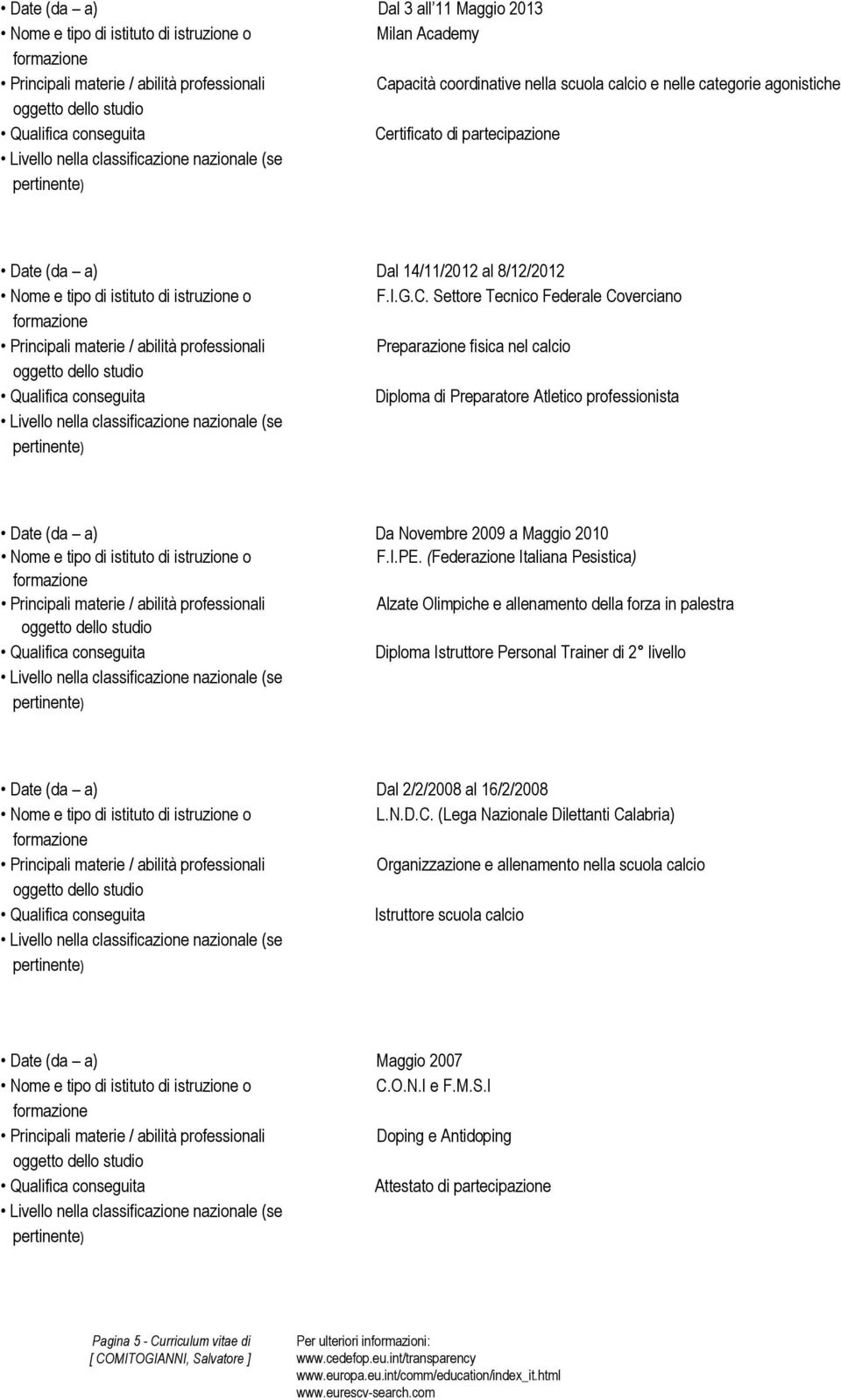 (Federazione Italiana Pesistica) Alzate Olimpiche e allenamento della forza in palestra Diploma Istruttore Personal Trainer di 2 livello Date (da a) Dal 2/2/2008 al 16/2/2008 L.N.D.C.