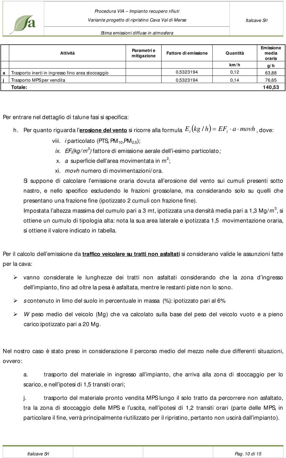 EF (kg/m 3 ) fattore d emssone aerale dell -esmo partcolato; x. a superfce dell area movmentata n m 2 ; x. movh numero d movmentazon/ora.