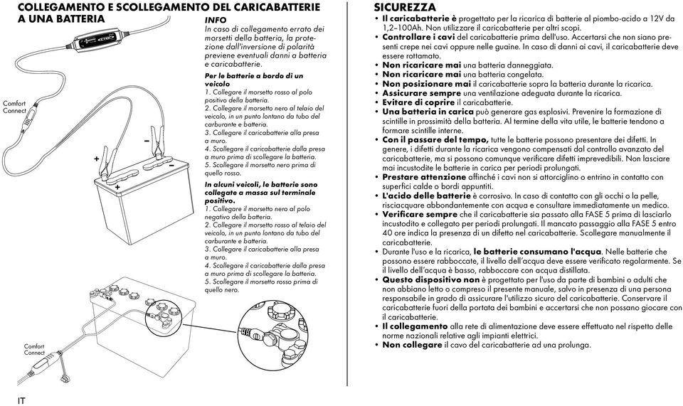 eventuali danni a batteria e caricabatterie. Comfort Connect + XS 0.8 + Per le batterie a bordo di un veicolo 1. Collegare il morsetto rosso al polo positivo della batteria. 2.