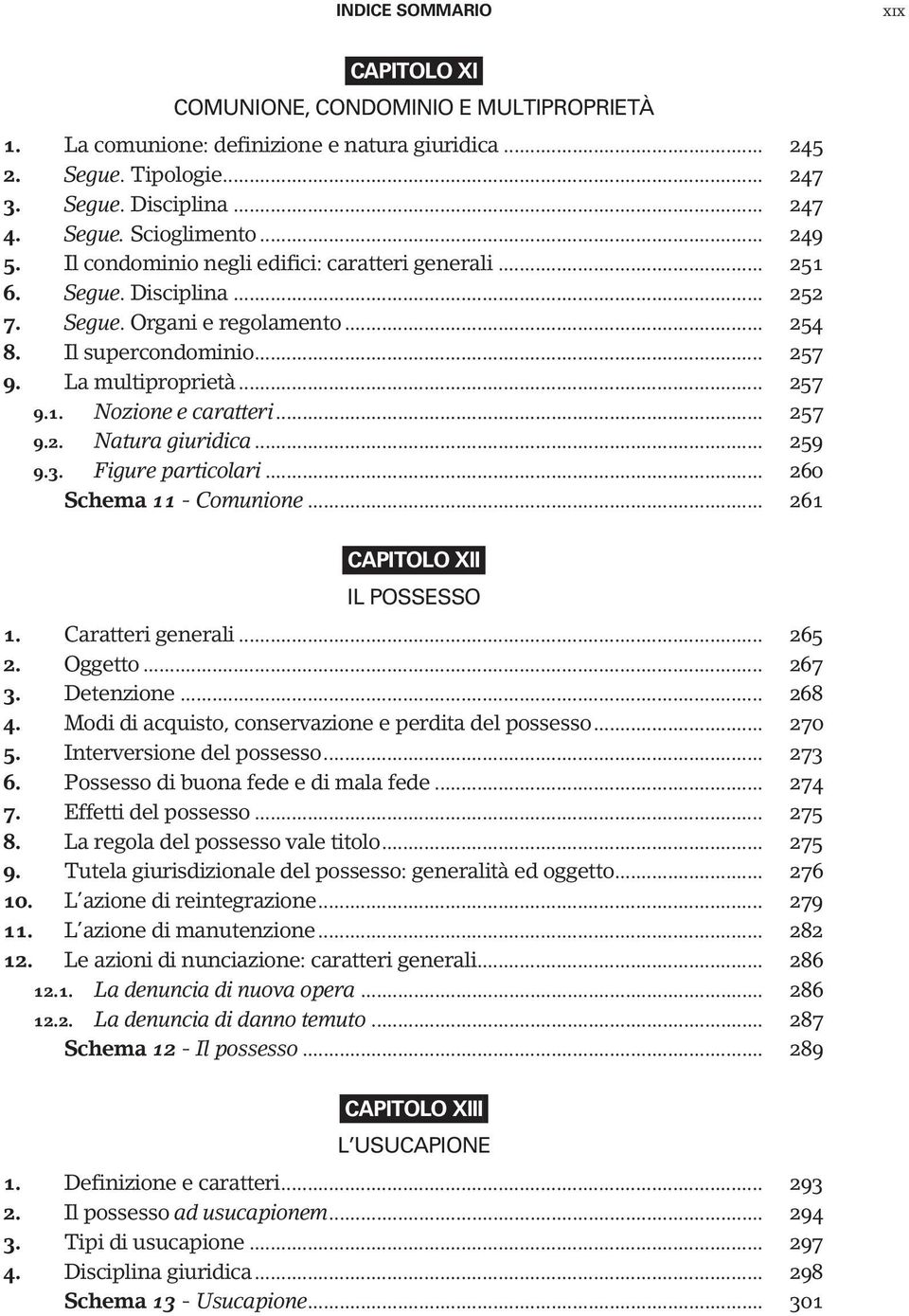 .. 257 9.2. Natura giuridica... 259 9.3. Figure particolari... 260 Schema 11 - Comunione... 261 CAPITOLO XII IL POSSESSO 1. Caratteri generali... 265 2. Oggetto... 267 3. Detenzione... 268 4.