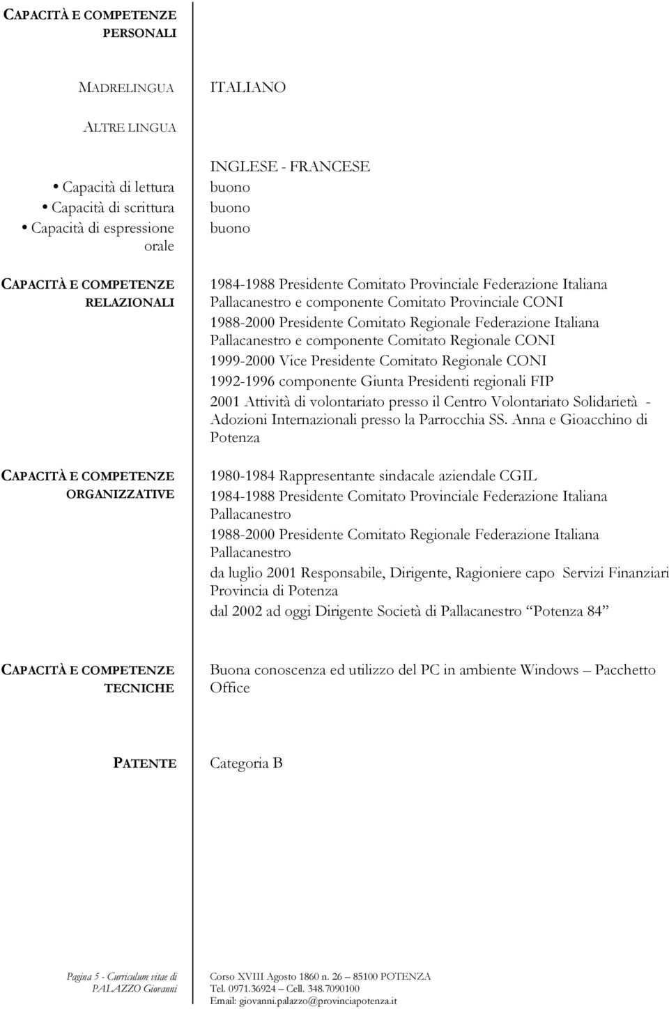 1999-2000 Vice Presidente Comitato Regionale CONI 1992-1996 componente Giunta Presidenti regionali FIP 2001 Attività di volontariato presso il Centro Volontariato Solidarietà - Adozioni