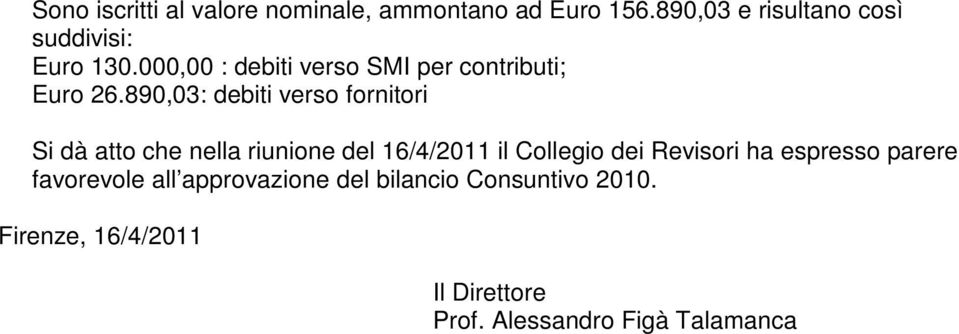 890,03: debiti verso fornitori Si dà atto che nella riunione del 16/4/2011 il Collegio dei