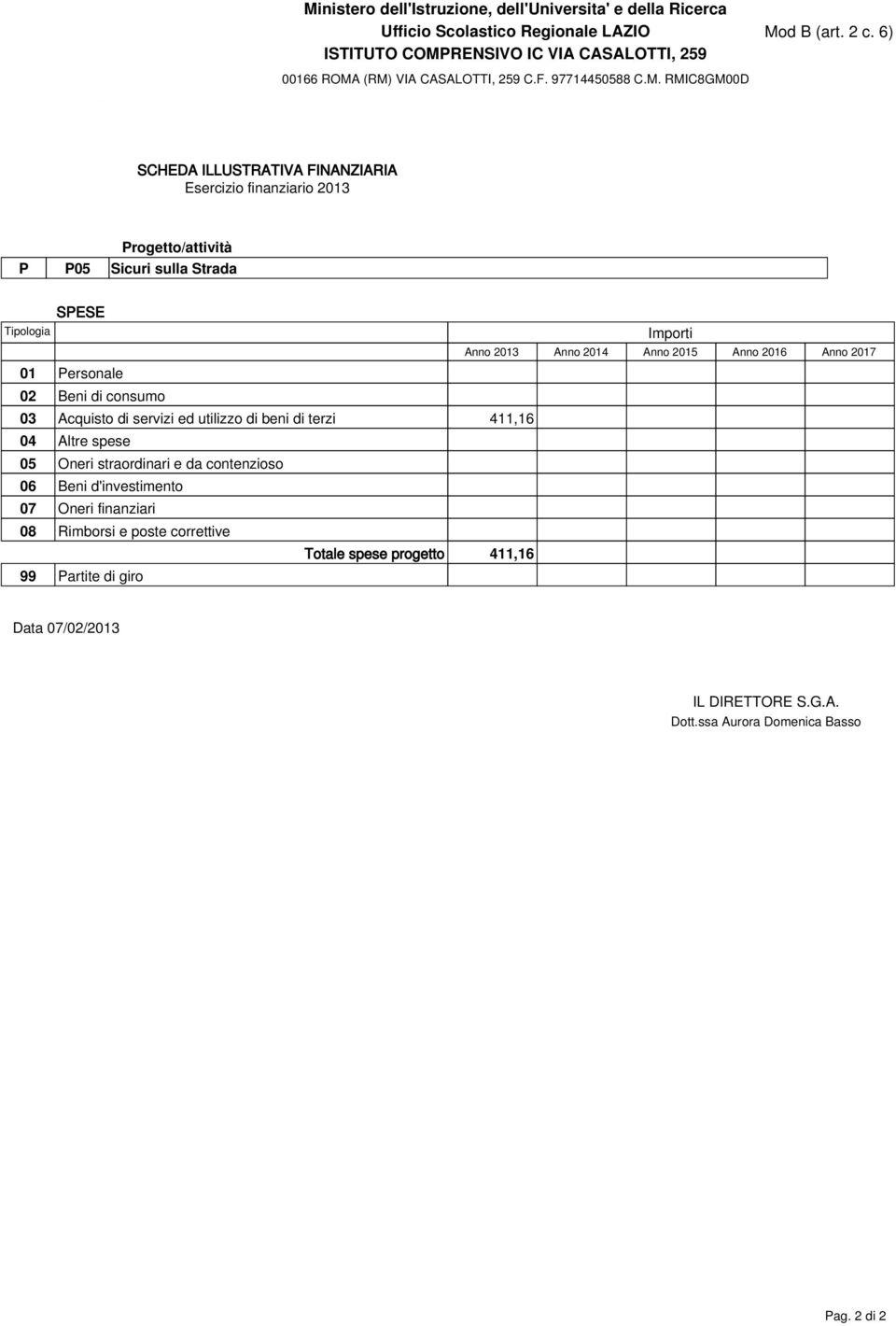 straordinari e da contenzioso 06 Beni d'investimento 07 Oneri finanziari 08 Rimborsi e poste correttive