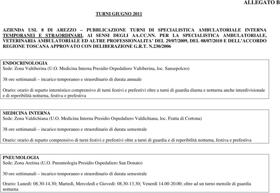 230/2006 ENDOCRINOLOGIA Sede: Zona Valtiberina (U.O. Medicina Interna Presidio Ospedaliero Valtiberina, loc.