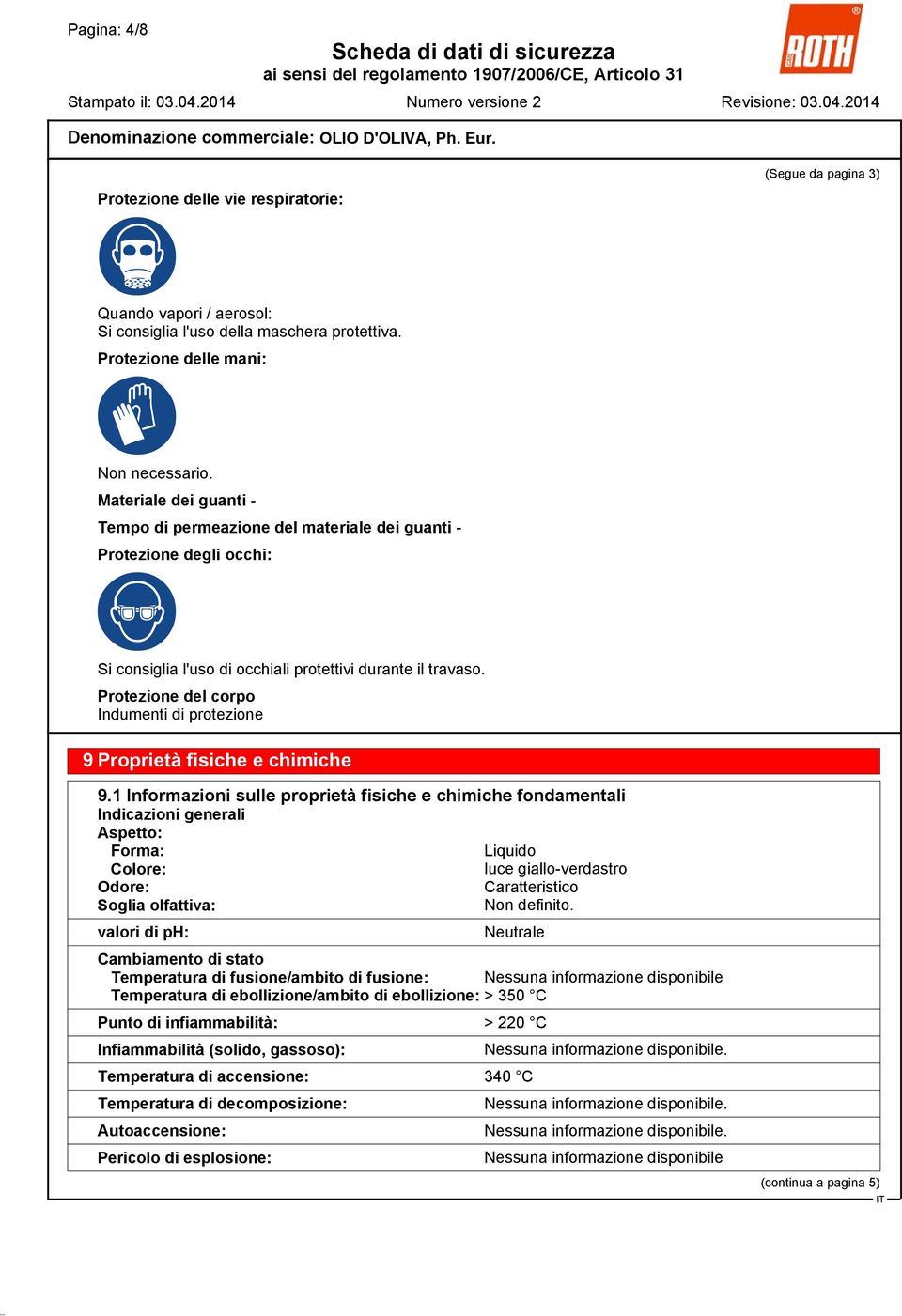 Protezione del corpo Indumenti di protezione 9 Proprietà fisiche e chimiche 9.