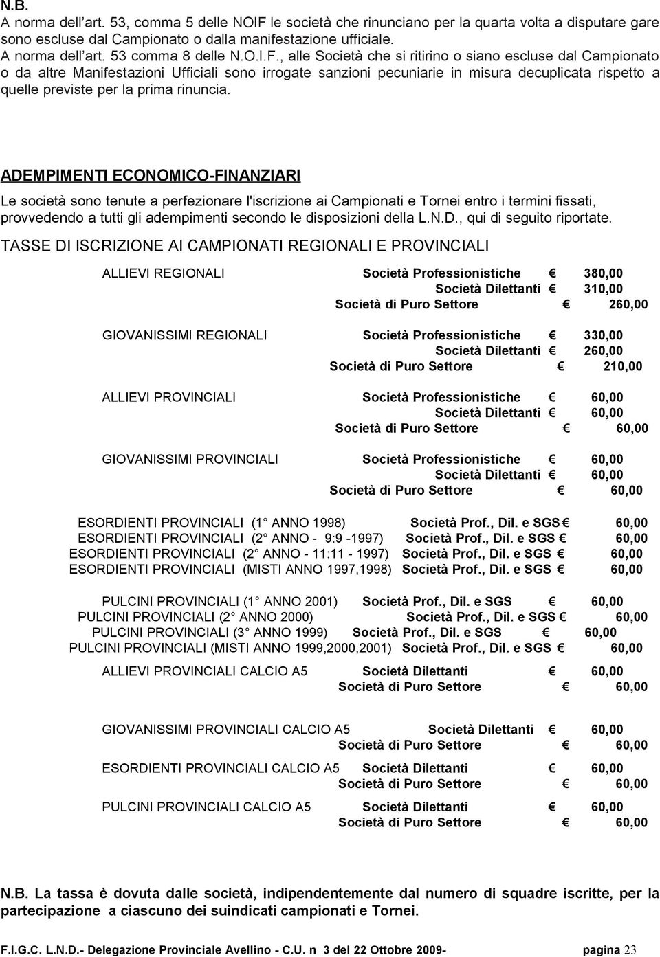 , alle Società che si ritirino o siano escluse dal Campionato o da altre Manifestazioni Ufficiali sono irrogate sanzioni pecuniarie in misura decuplicata rispetto a quelle previste per la prima