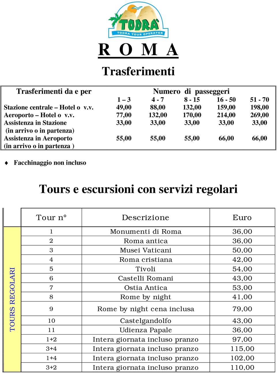 arrivo o in partenza ) 55,00 55,00 55,00 66,00 66,00 Facchinaggio non incluso Tours e escursioni con servizi regolari Tour n Descrizione Euro TOURS REGOLARI 1 Monumenti di Roma 36,00 2 Roma antica