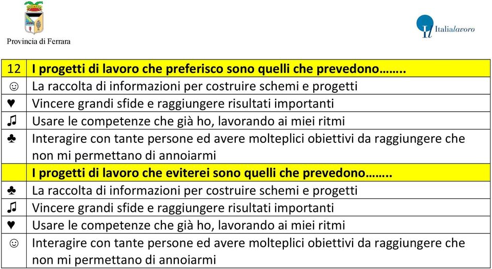 ritmi Interagire con tante persone ed avere molteplici obiettivi da raggiungere che non mi permettano di annoiarmi I progetti di lavoro che eviterei sono quelli che