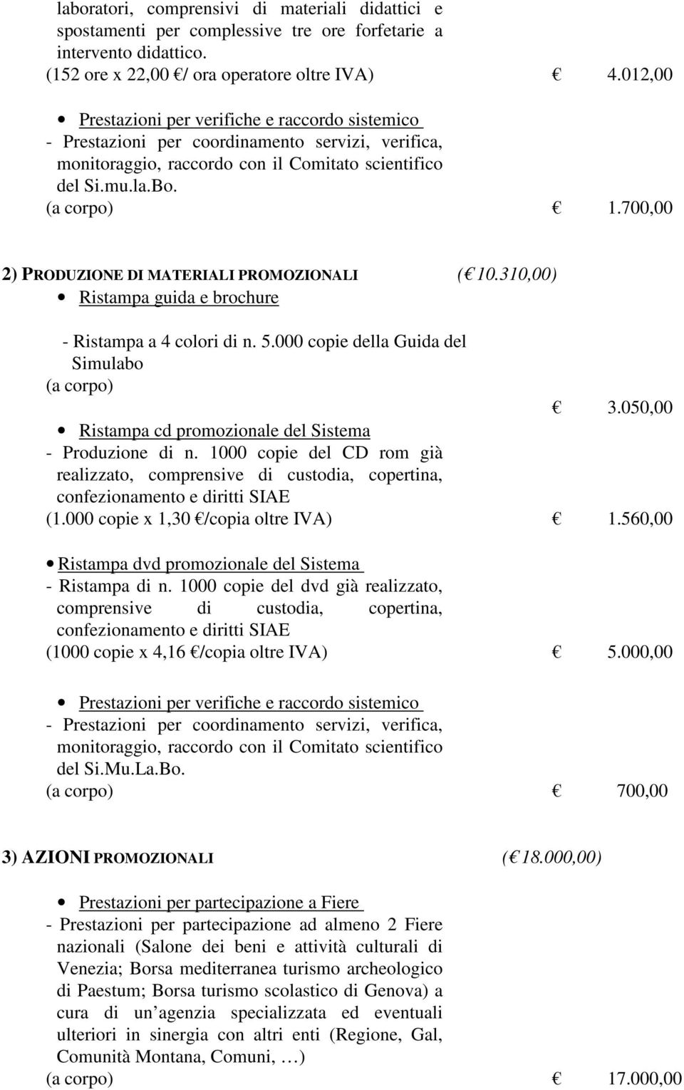 000 copie della Guida del Simulabo (a corpo) 3.050,00 Ristampa cd promozionale del Sistema - Produzione di n.