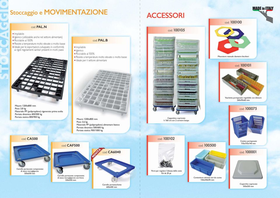 regolamenti sanitari presenti in molti paesi cod. PAL.B Impilabile Igienico Riciclabile al 100% Resiste a temperature molto elevate o molto basse Ideale per il settore alimentare ACCESSORI cod.