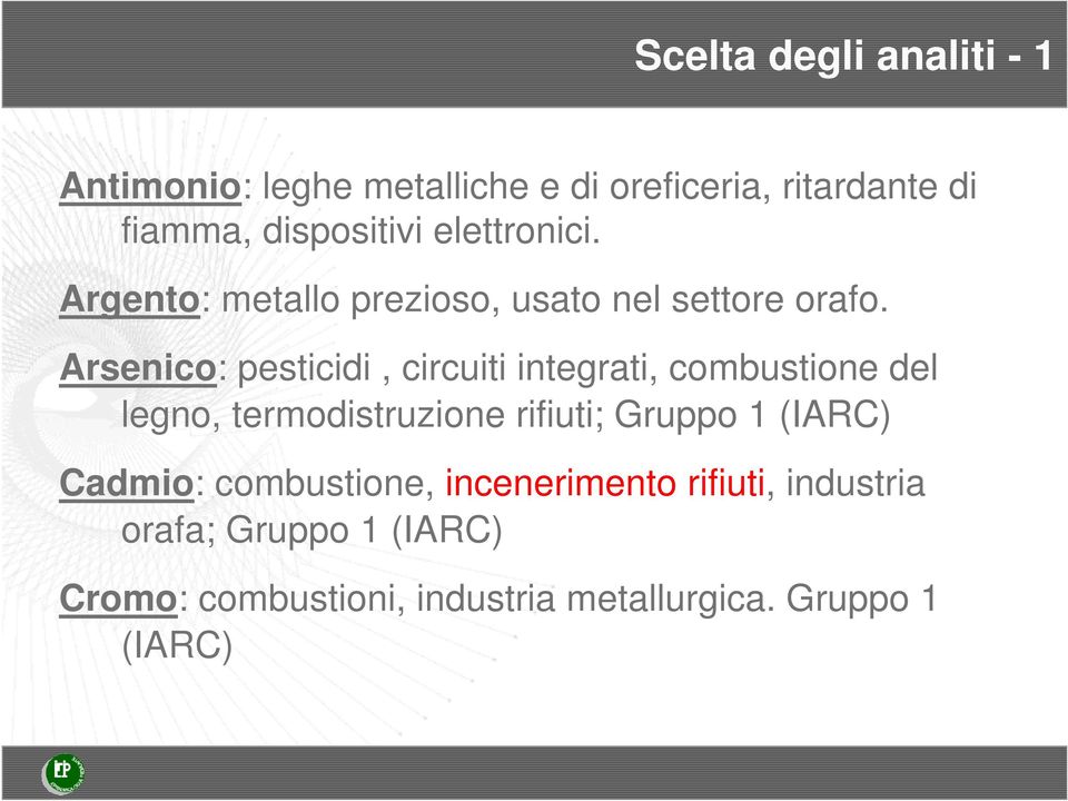 Arsenico: pesticidi, circuiti integrati, combustione del legno, termodistruzione rifiuti; Gruppo 1