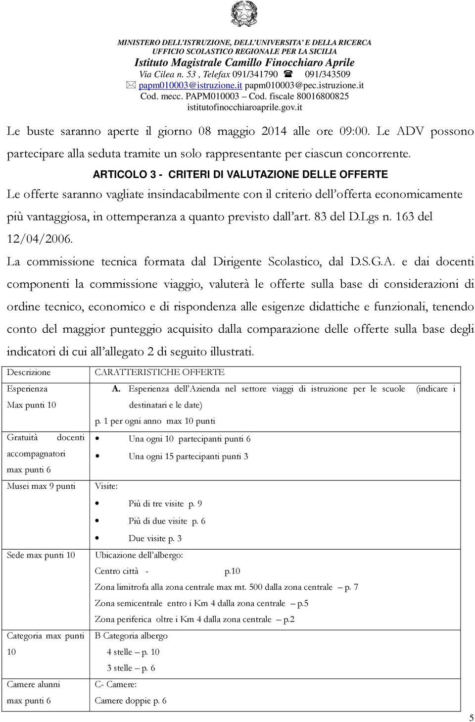 83 del D.Lgs n. 163 del 12/04/2006. La commissione tecnica formata dal Dirigente Scolastico, dal D.S.G.A.