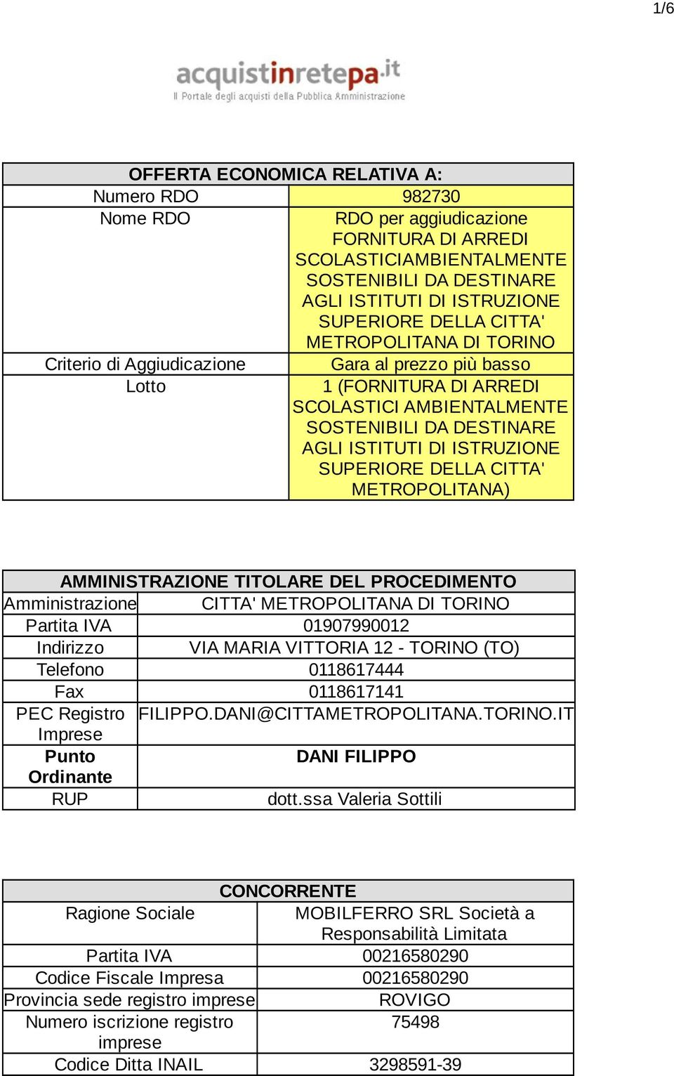 SUPERIORE DELLA CITTA' METROPOLITANA) AMMINISTRAZIONE TITOLARE DEL PROCEDIMENTO Amministrazione CITTA' METROPOLITANA DI TORINO Partita IVA 01907990012 Indirizzo VIA MARIA VITTORIA 12 - TORINO (TO)