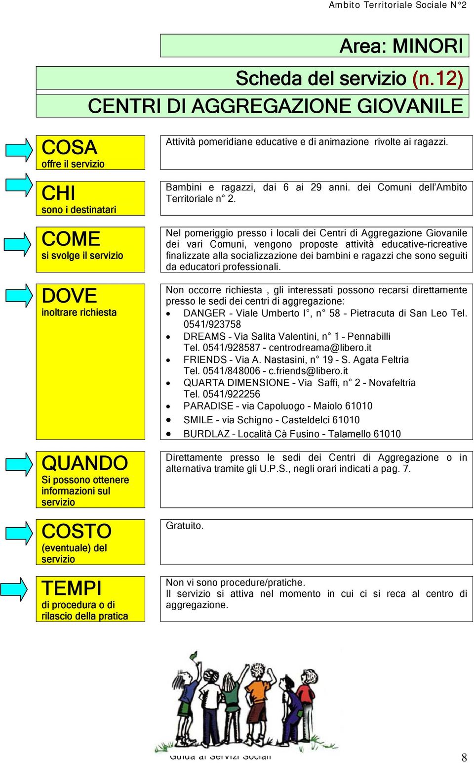 Nel pomeriggio presso i locali dei Centri di Aggregazione Giovanile dei vari Comuni, vengono proposte attività educative-ricreative finalizzate alla socializzazione dei bambini e ragazzi che sono