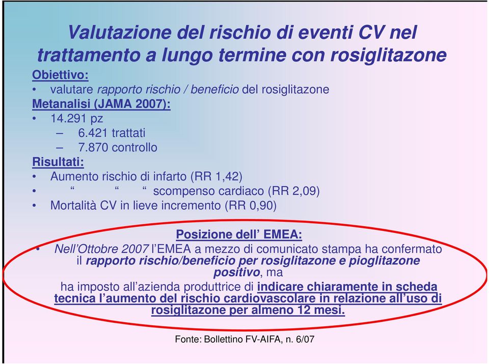 870 controllo Risultati: Aumento rischio di infarto (RR 1,42) scompenso cardiaco (RR 2,09) Mortalità CV in lieve incremento (RR 0,90) Posizione dell EMEA: Posizione dell EMEA: Nell