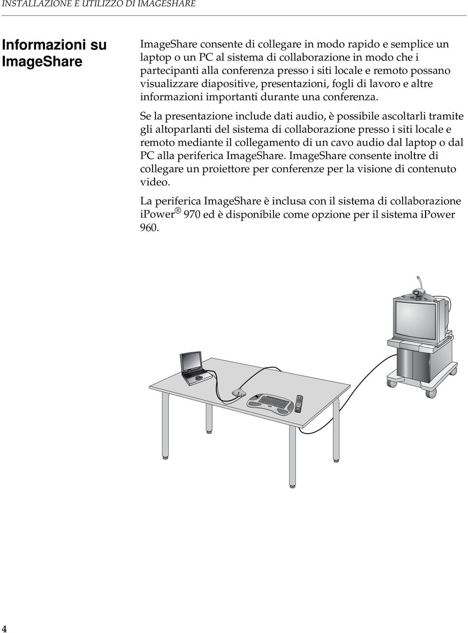 modo rpido e semplice un lptop o un PC l sistem di collborzione in modo che i prtecipnti ll conferenz presso i siti locle e remoto possno visulizzre dipositive, presentzioni, fogli di lvoro e ltre