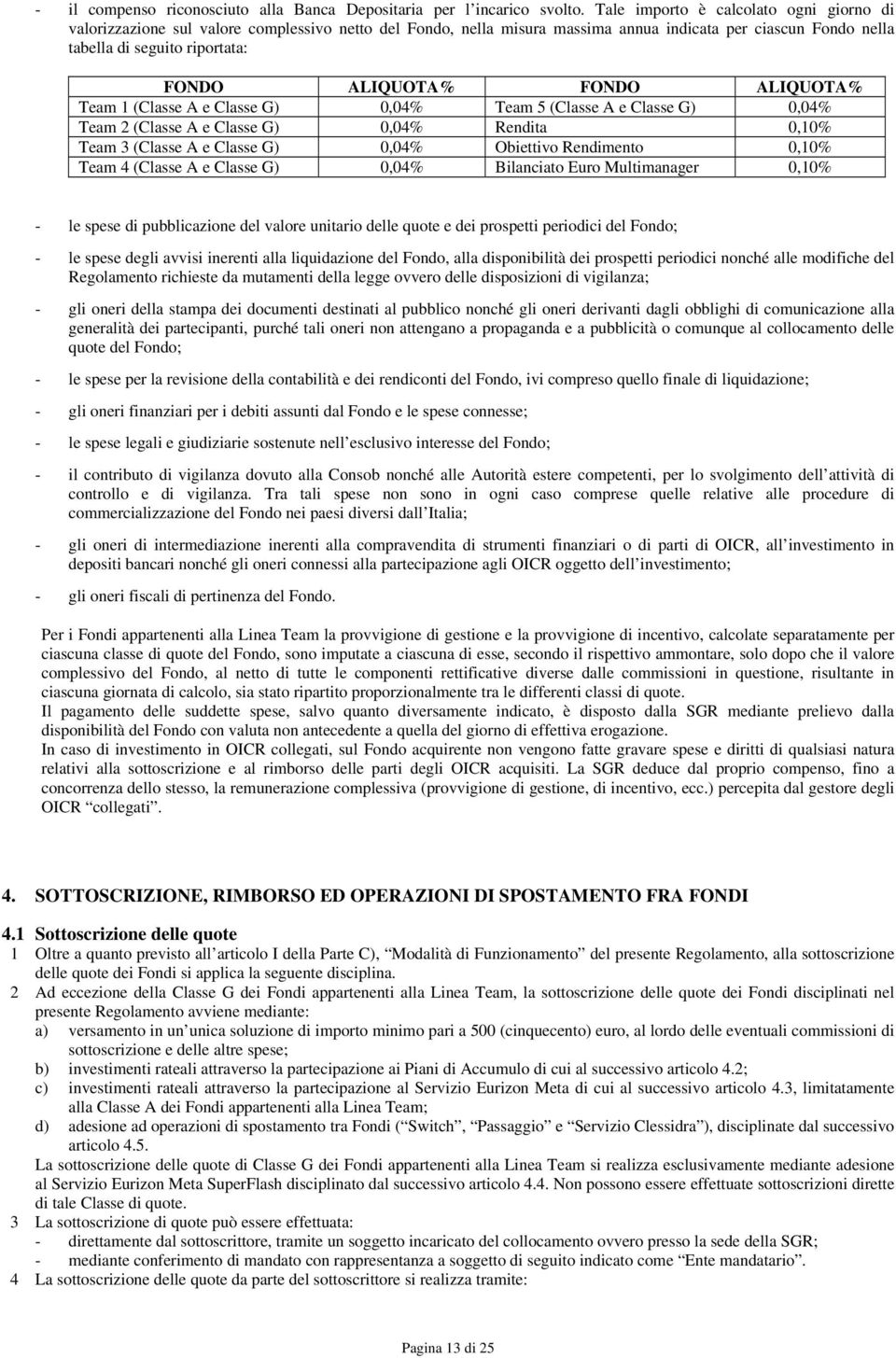 ALIQUOTA% FONDO ALIQUOTA% Team 1 (Classe A e Classe G) 0,04% Team 5 (Classe A e Classe G) 0,04% Team 2 (Classe A e Classe G) 0,04% Rendita 0,10% Team 3 (Classe A e Classe G) 0,04% Obiettivo