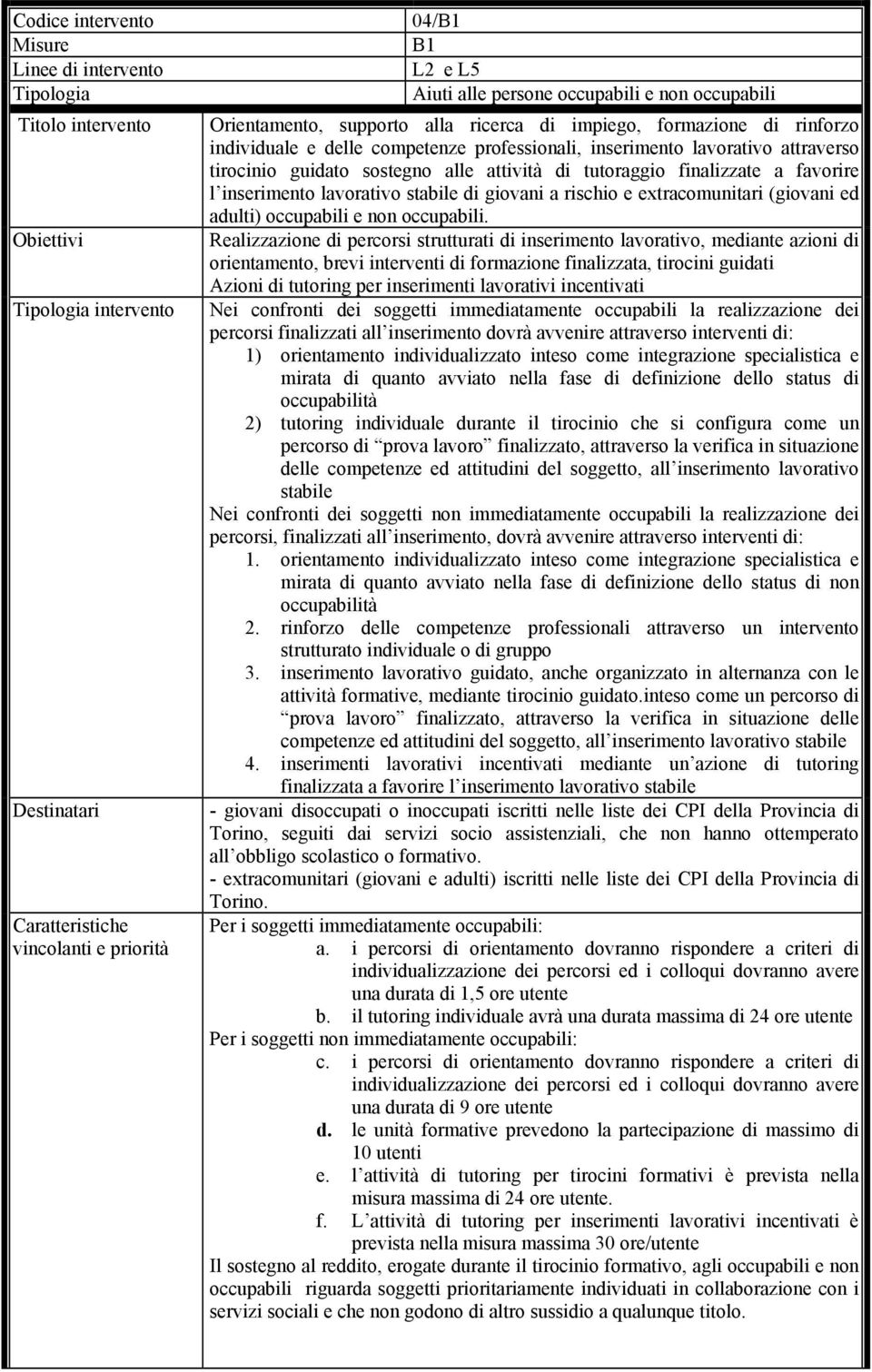 di giovani a rischio e extracomunitari (giovani ed adulti) occupabili e non occupabili.