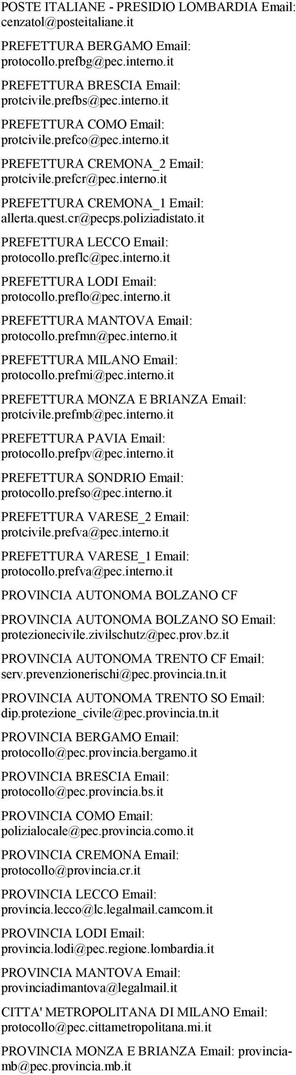 interno.it PREFETTURA LODI Email: protocollo.preflo@pec.interno.it PREFETTURA MANTOVA Email: protocollo.prefmn@pec.interno.it PREFETTURA MILANO Email: protocollo.prefmi@pec.interno.it PREFETTURA MONZA E BRIANZA Email: protcivile.
