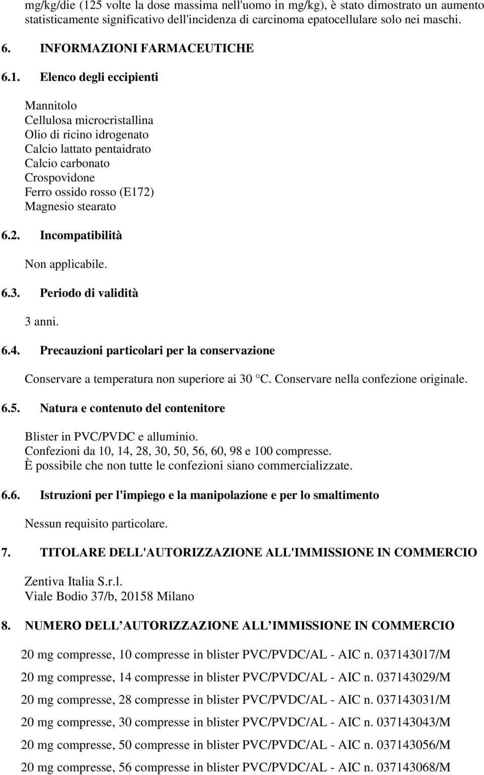 Elenco degli eccipienti Mannitolo Cellulosa microcristallina Olio di ricino idrogenato Calcio lattato pentaidrato Calcio carbonato Crospovidone Ferro ossido rosso (E172)