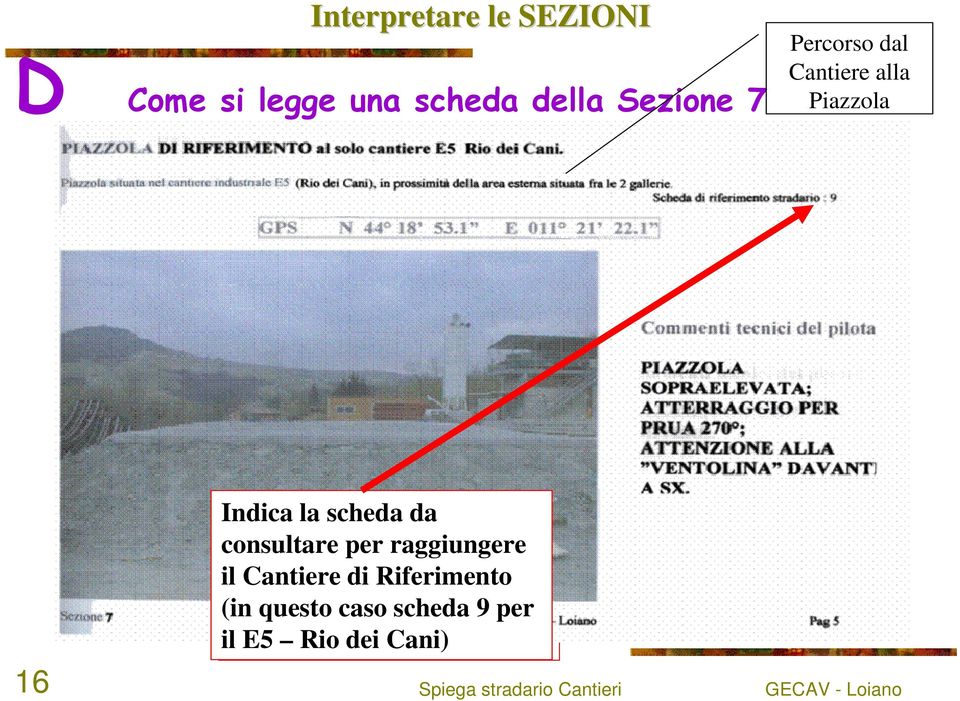 scheda da consultare per raggiungere il Cantiere