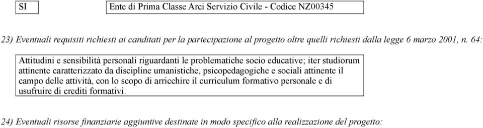 64: Attitudini e sensibilità personali riguardanti le problematiche socio educative; iter studiorum attinente caratterizzato da discipline umanistiche,