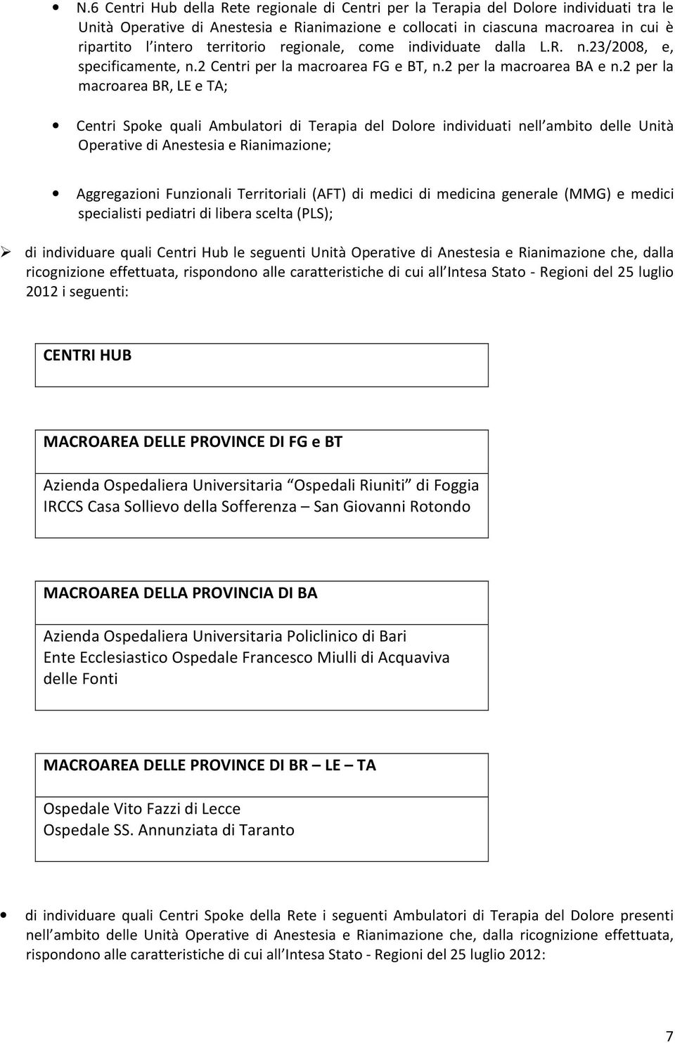 2 per la macroarea BR, LE e TA; Centri Spoke quali Ambulatori di Terapia del Dolore individuati nell ambito delle Unità Operative di Anestesia e Rianimazione; Aggregazioni Funzionali Territoriali