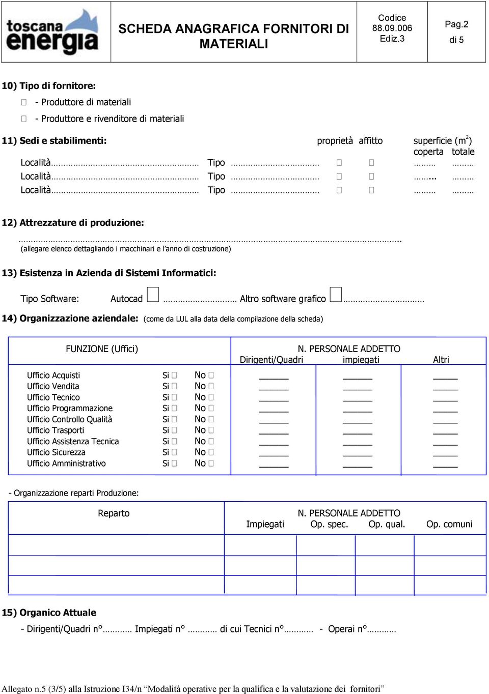 . (allegare elenco dettagliando i macchinari e l anno di costruzione) 13) Esistenza in Azienda di Sistemi Informatici: Tipo Software: Autocad Altro software grafico 14) Organizzazione aziendale: