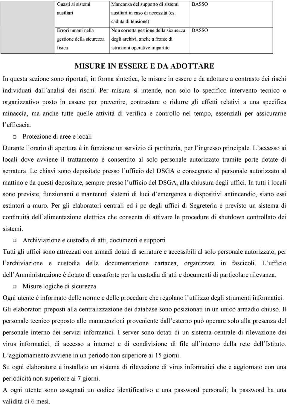 in forma sintetica, le misure in essere e da adottare a contrasto dei rischi individuati dall analisi dei rischi.