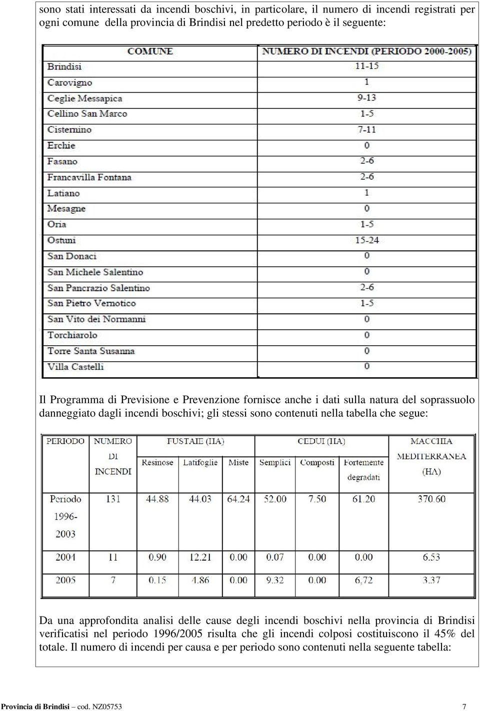 nella tabella che segue: Da una approfondita analisi delle cause degli incendi boschivi nella provincia di Brindisi verificatisi nel periodo 1996/2005 risulta che