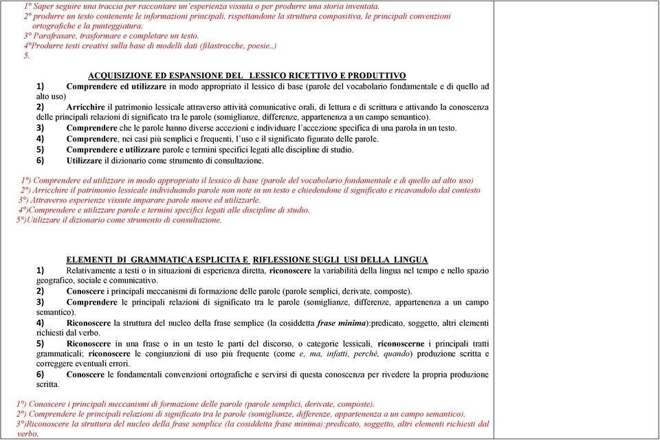 3 Parafrasare, trasformare e completare un testo. 4 Produrre testi creativi sulla base di modelli dati (filastrocche, poesie..) 5.