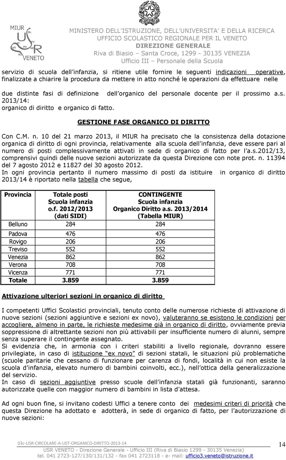 10 del 21 marzo 2013, il MIUR ha precisato che la consistenza della dotazione organica di diritto di ogni provincia, relativamente alla scuola dell infanzia, deve essere pari al numero di posti