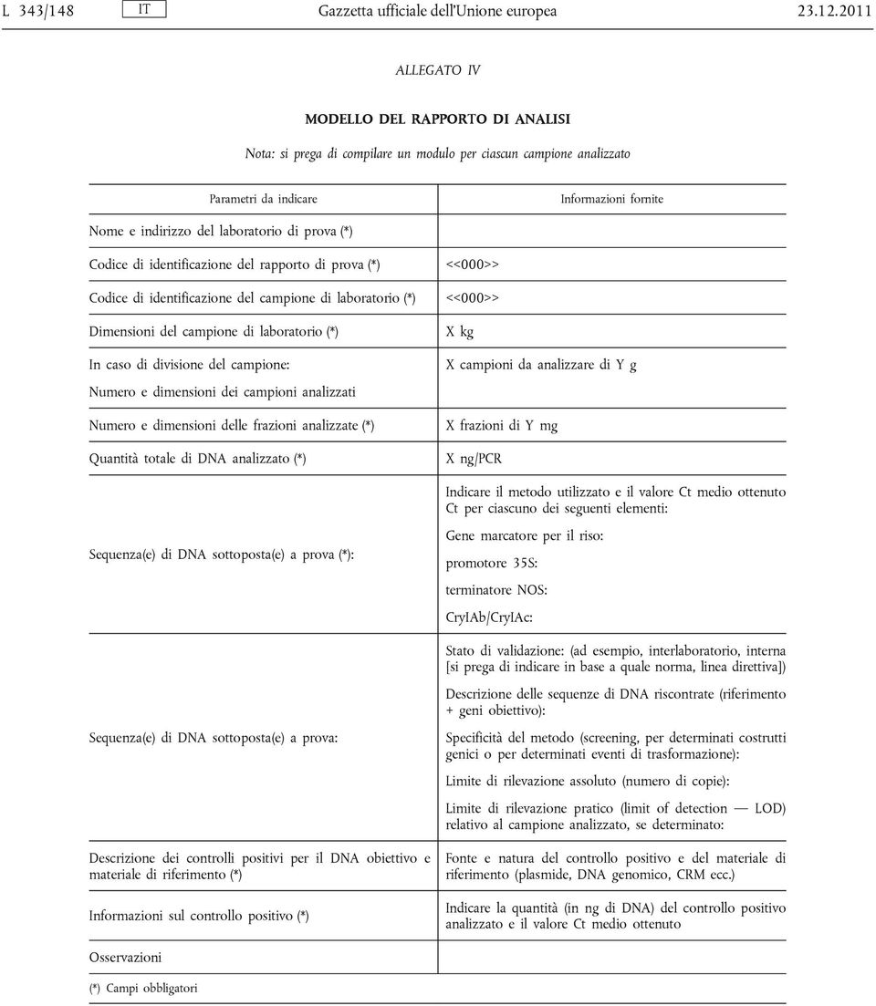 prova (*) Codice di identificazione del rapporto di prova (*) <<000>> Codice di identificazione del campione di laboratorio (*) <<000>> Dimensioni del campione di laboratorio (*) In caso di divisione